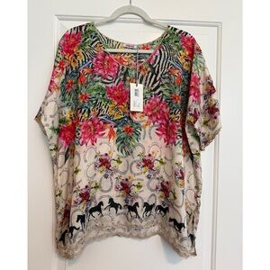 NWT Johnny Was Silk Seabiscuit Shiloh Top  Blouse Tropical Floral Print Medium